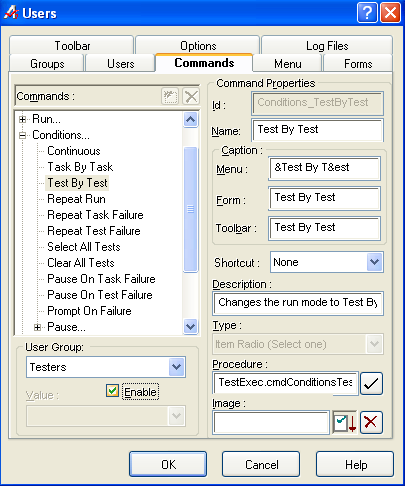 A screenshot taken after the Test By Test option has been enabled for the Tester user group.